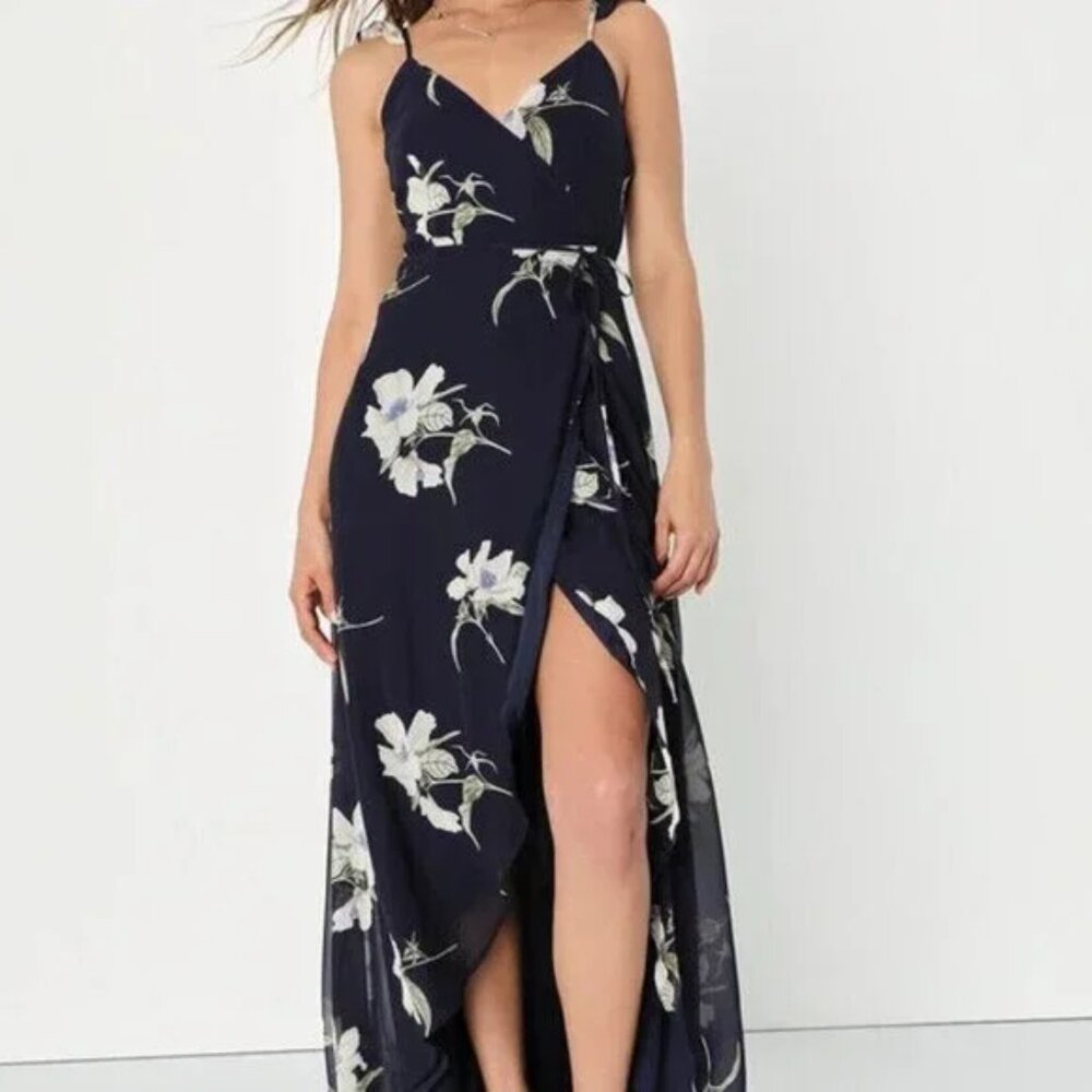 LULUS All Mine Floral Print High-Low Maxi Wrap Dress Navy Blue Wedding Guest‎